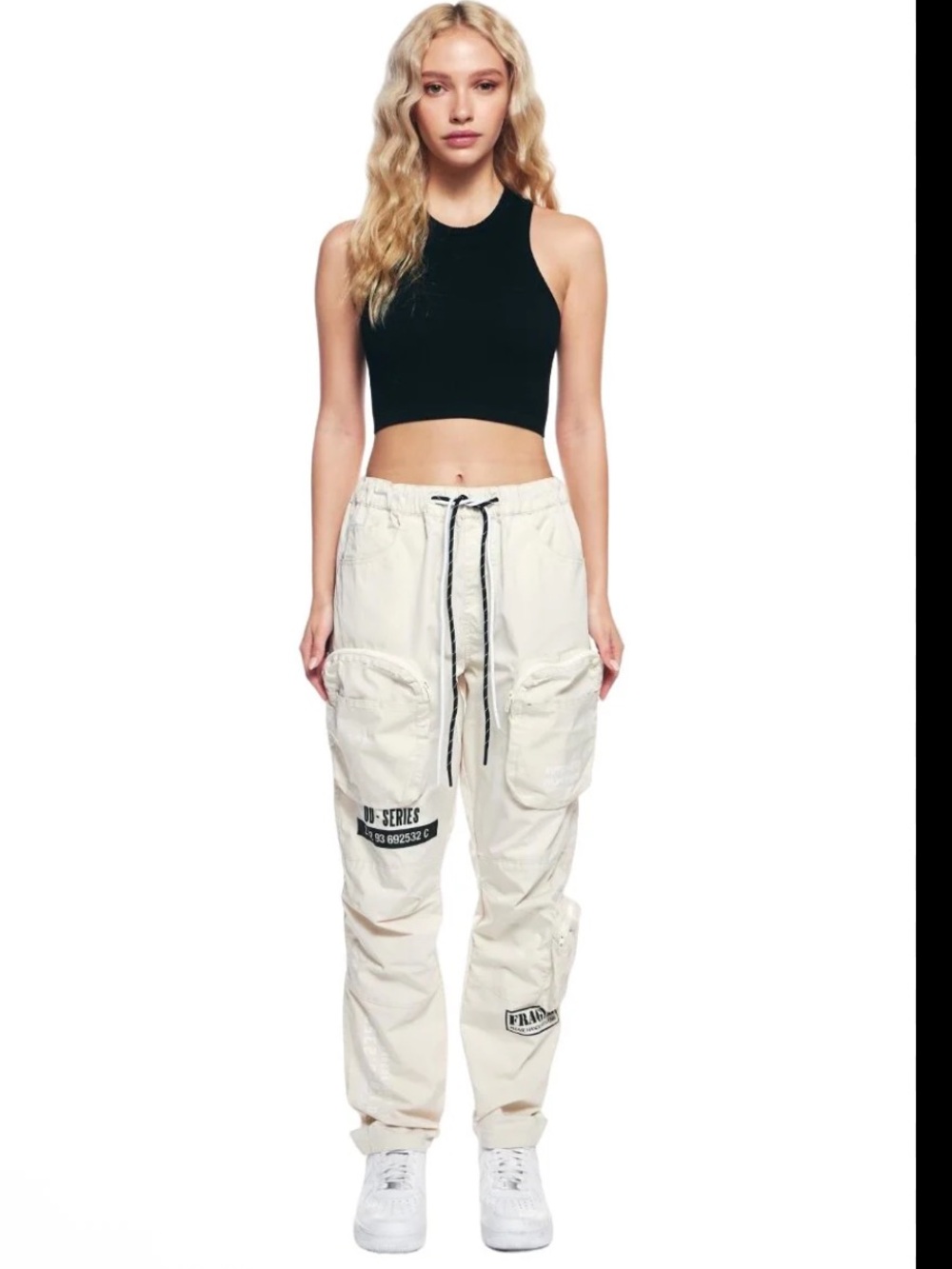 Women’s Cream Cargo Track Pants with Drawstring Waist